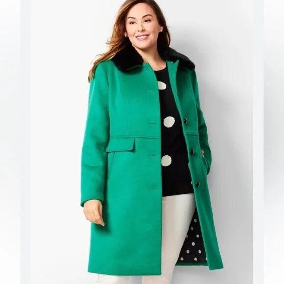 Talbots Jackets & Blazers - Talbots Emerald Green Faux Fur Collar Wool Blend Car Coat 14 NWT